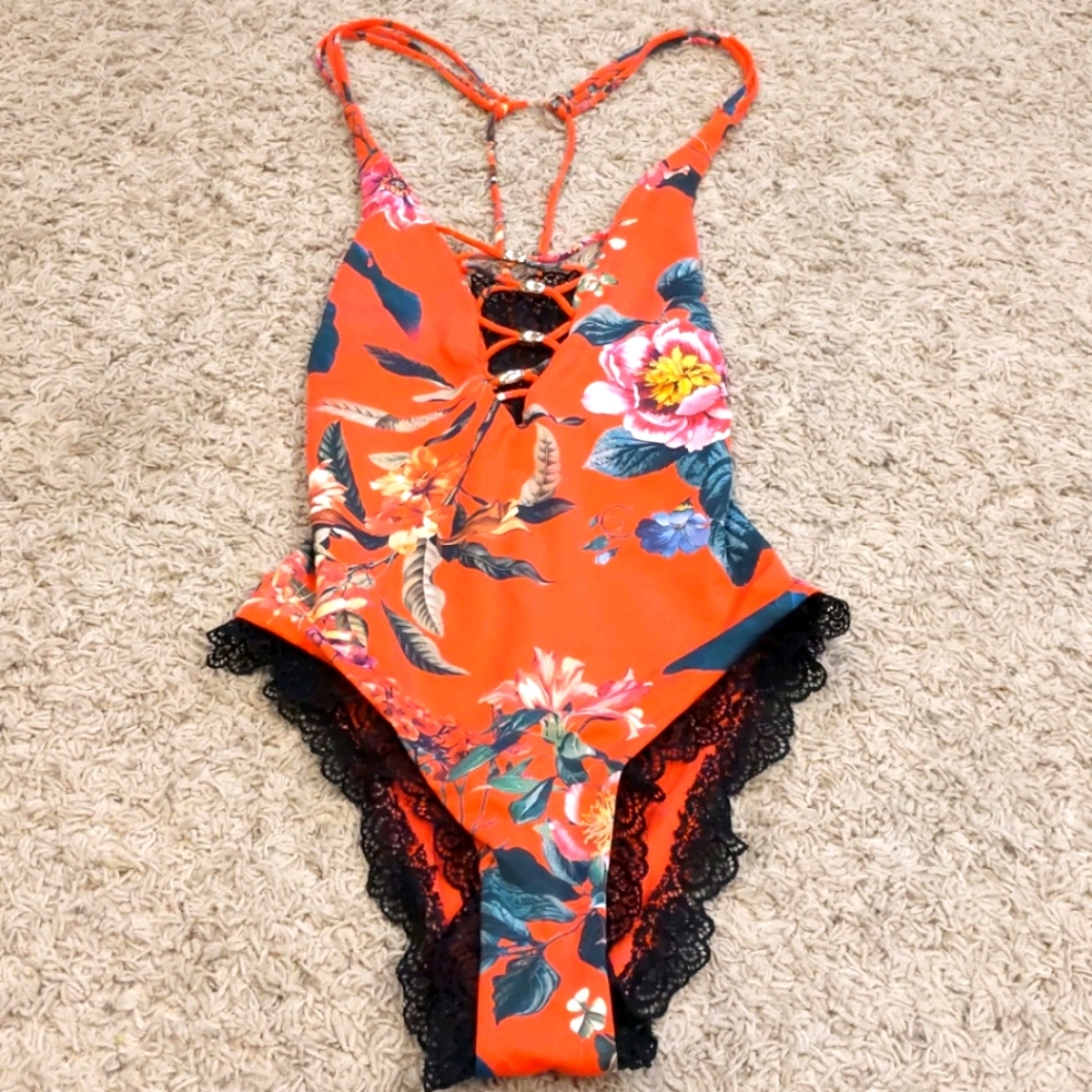 High cut one piece floral and lace sext swimsuit